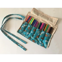 Cat roll up pencil case, green kids cotton pencil roll, pencil pouch