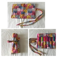 Cat roll up pencil case, green kids cotton pencil roll, pencil pouch