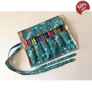 Cat roll up pencil case, green kids cotton pencil roll, pencil pouch