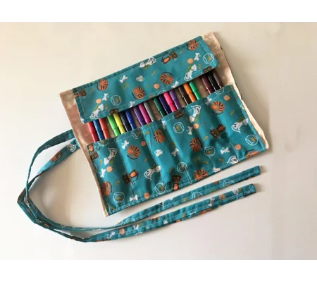 Cat roll up pencil case, green kids cotton pencil roll, pencil pouch