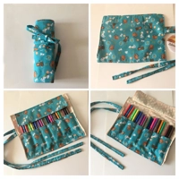 Fox Roll up pencil case, black cotton fabric pencil pouch