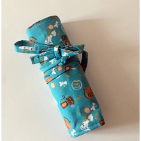 Cat roll up pencil case, green kids cotton pencil roll, pencil pouch