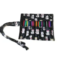 Cats pencil case, Kids Back to school roll up black pencil case, cotton fabric pencil pouch