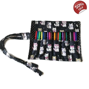 Cats pencil case, Kids Back to school roll up black pencil case, cotton fabric pencil pouch