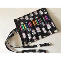 Cats pencil case, Kids Back to school roll up black pencil case, cotton fabric pencil pouch