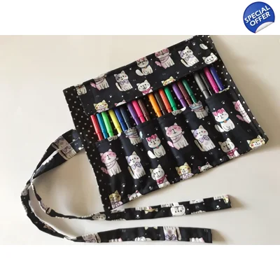 Cats pencil case, Kids Back to school roll up black pencil..