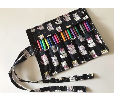 Cats Pencil Roll Case: Cats Scrunchie, Cotton Fabric, Back to School, Handmade