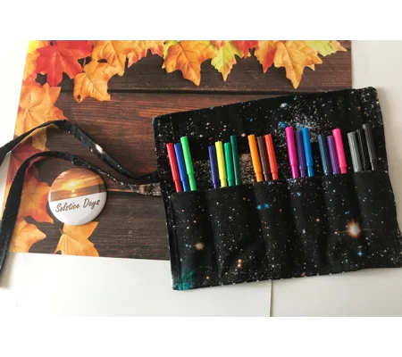 Back to school pencil case for kids, galaxy fabric pencil roll, cotton fabric stationary pouch, hand