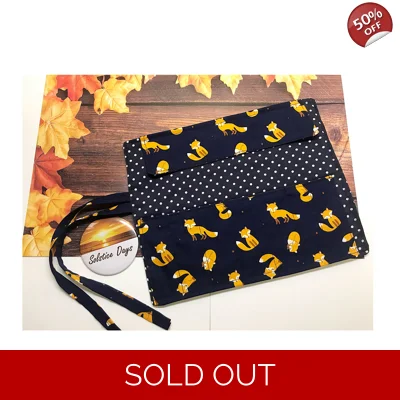 Fox Roll up pencil case, black cotton fabric pencil pouch