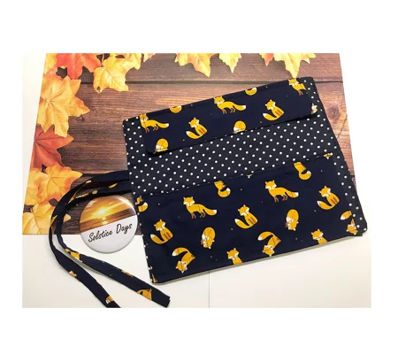 Fox Roll up pencil case, black cotton fabric pencil pouch