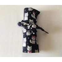 Cats pencil case, Kids Back to school roll up black pencil case, cotton fabric pencil pouch