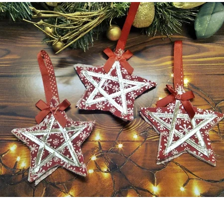Christmas red and silver star tree decoration, Reusable Fabric Tree Ornament