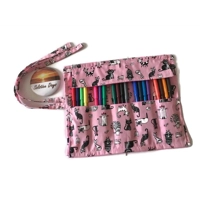 Pink cat roll up pencil case for kids, cats fabric pencil roll, fabric stationary pouch