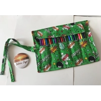Green cartoon wow zap pencil case for kids, fabric pencil roll, cotton fabric stationary pouch, hand