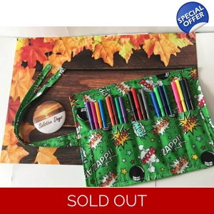 Green cartoon wow zap pencil case for kids, fabric pencil roll, cotton fabric stationary pouch, hand