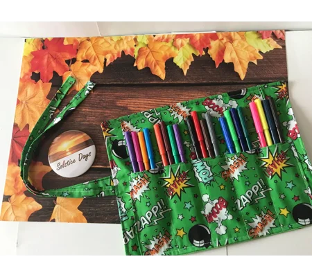 Green cartoon wow zap pencil case for kids, fabric pencil roll, cotton fabric stationary pouch, hand