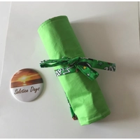 Green cartoon wow zap pencil case for kids, fabric pencil roll, cotton fabric stationary pouch, hand