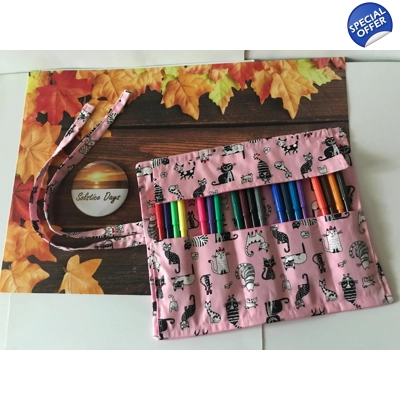 Pink cat roll up pencil case for kids, cats fabric pencil roll, fabric stationary pouch