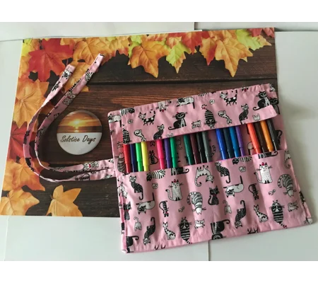 Pink cat roll up pencil case for kids, cats fabric pencil roll, fabric stationary pouch