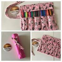 Pink cat roll up pencil case for kids, cats fabric pencil roll, fabric stationary pouch