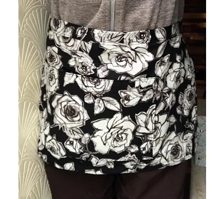Floral Half Apron: Black & White Roses, Two Pocket Cotton Pinny