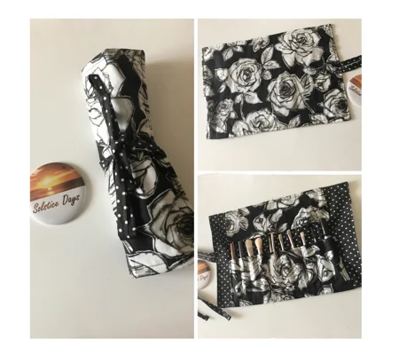 Black Roses Make Up Brush Roll,Handmade Storage Case, Floral Lip Pencil Holder, Crochet Hook Case