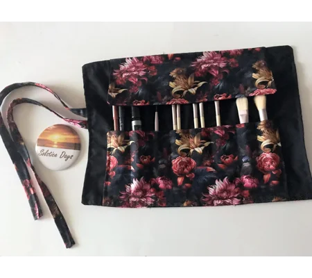 Handmade Black Floral Make Up Brush Roll, Crochet Hook Storage Case, Ideal Secret Santa letter box G