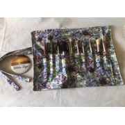 Make Up Brush Roll, Handmade Lilac Floral Linen Makeup & Crochet Storage