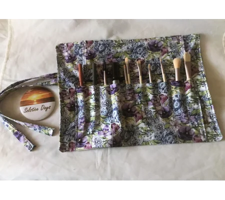 Make Up Brush Roll, Handmade Lilac Floral Linen Makeup & Crochet Storage