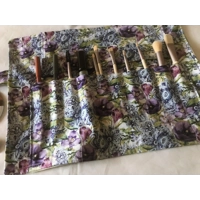 Make Up Brush Roll, Handmade Lilac Floral Linen Makeup & Crochet Storage