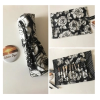 Grey Roses Make Up Brush Roll Storage Case, Floral Brush Holder, Crochet Hook Case