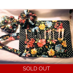 Handmade Black Floral and Polka Dot Make Up Brush Roll and Scrunchie, Ideal Secret Santa letter box