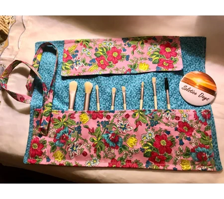 Make Up Brush Roll, Blue and Pink Floral, handmade in Yorkshire