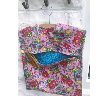 Lined Peg Bag in Pink Blue Floral Cotton Fabric, Laundry Cotton Peg Bag includes a Wood Hanger, hand