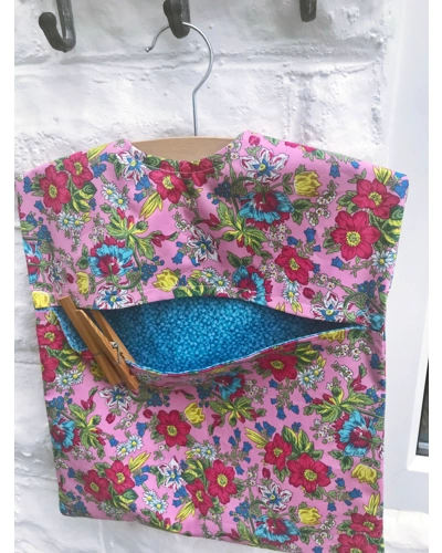 Lined Peg Bag in Pink Blue Floral Cotton Fabric, Laundry Cotton Peg Bag includes a Wood Hanger, hand Lined Peg Bag in Pink Blue Floral Cotton Fabric, Laundry Cotton Peg Bag includes a Wood Hanger, hand