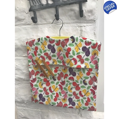 Lined White Floral Peg Bag, Cotton Laundry Bag includes a Wood Hanger