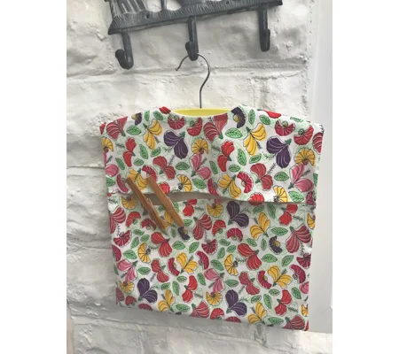 Lined White Floral Peg Bag, Cotton Laundry Bag includes a Wood Hanger