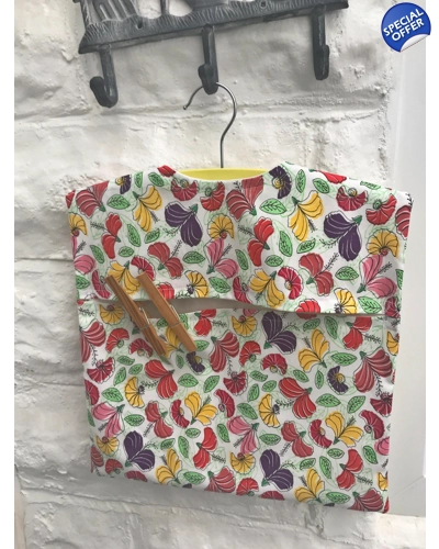 White Floral Peg Bag, Lined Laundry Cotton Peg Bag includes a Wood Hanger, Laundry Bag made in Yorks White Floral Peg Bag, Lined Laundry Cotton Peg Bag includes a Wood Hanger, Laundry Bag made in Yorks