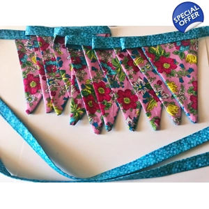 Pink and Blue Floral Bunting, reusable floral cotton bunti..