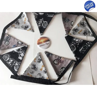 Motorcycle Bunting, Black, Grey, Brown, Men Shed  double side 10 flags, 2.6 metres, motorbike cotton