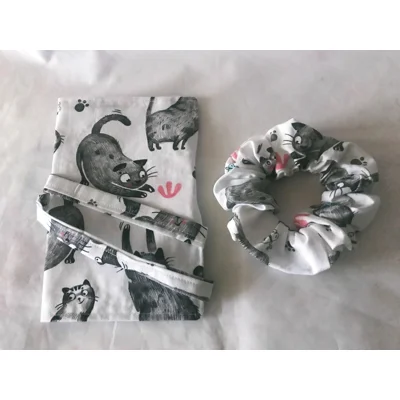 Roll Up Pencil Case, Grey Cats Scrunchie, Handmade