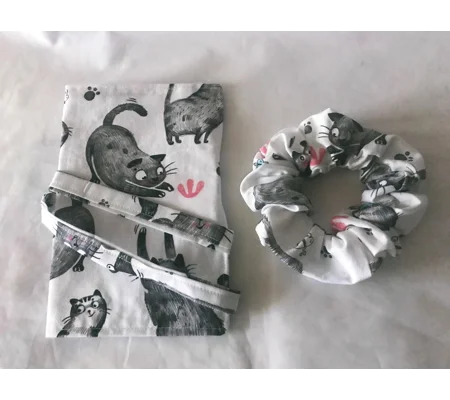 Roll Up Pencil Case, Grey Cats Scrunchie, Handmade