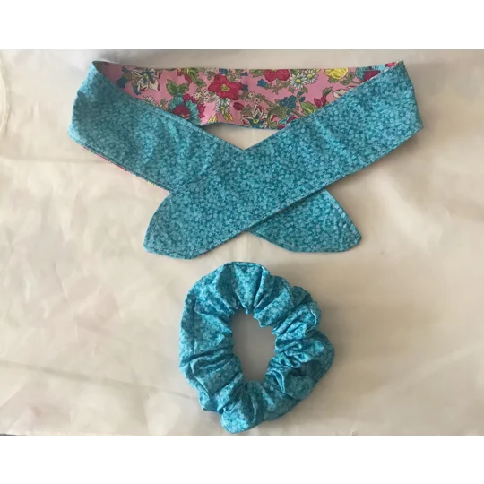 Blue and Pink Floral Self Tie Headband, Scrunchie, handmade in Yorkshire