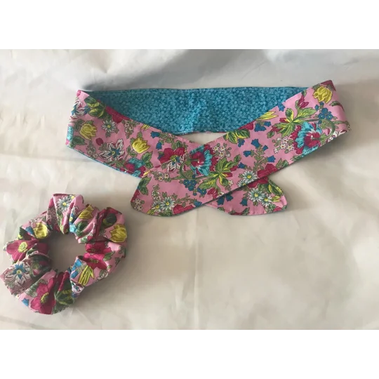 Blue and Pink Floral Self Tie Headband, Scrunchie, handmade in Yorkshire