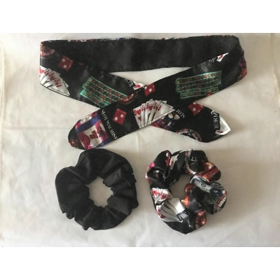 Casino Tie Headband and Satin Scrunchie, Black Scrunchie, letterbox friendly, handmade in Yorkshire