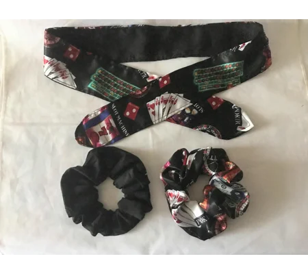 Casino Self Tie Headband and Satin Scrunchie, Black Scrunchie, letterbox gift, handmade in Yorkshire