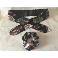 Casino Tie Headband and Satin Scrunchie, Black Scrunchie, letterbox friendly, handmade in Yorkshire