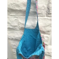 Pink Blue Floral Print Cotton Shoulder Bag: Handmade Eco-Friendly Reusable Tote
