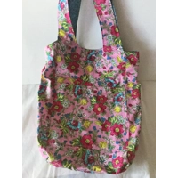 Pink Blue Floral Print Cotton Shoulder Bag: Handmade Eco-Friendly Reusable Tote