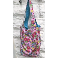 Pink Blue Floral Print Cotton Shoulder Bag: Handmade Eco-Friendly Reusable Tote